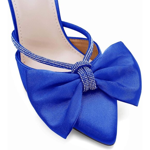 Blue Satin Bow Heels Womens Pointed Rhinestone Closed Toe Sandals Wedding Shoes - Picture 4 of 6